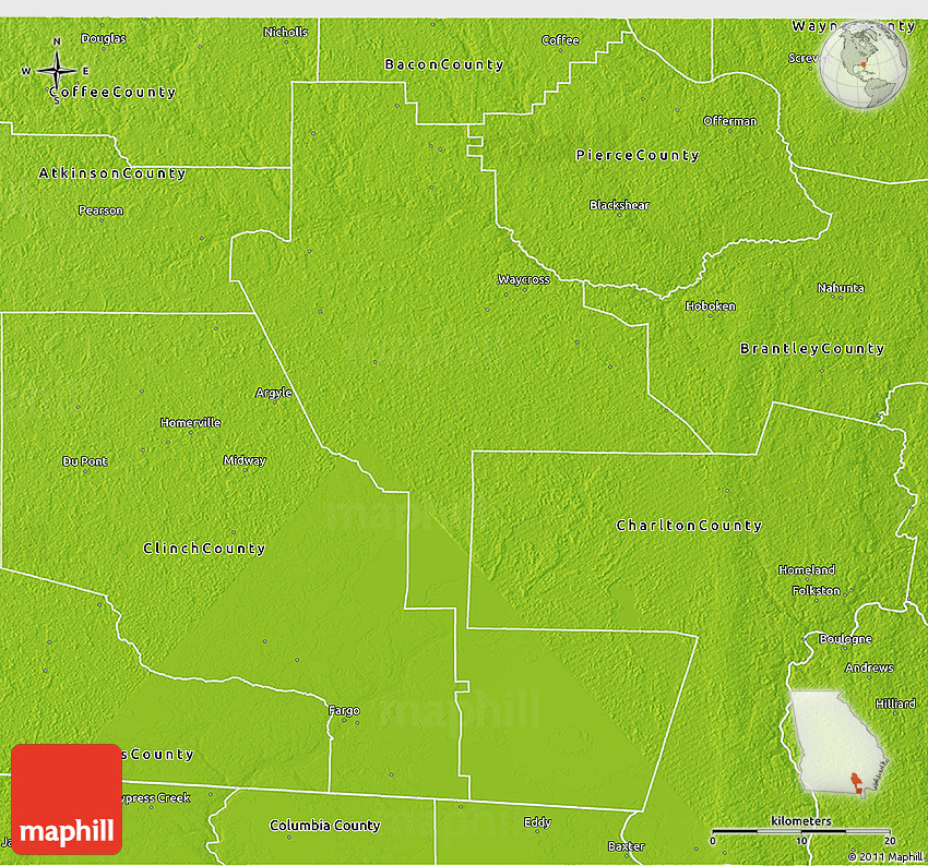 Physical 3D Map of Ware County