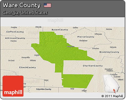 Physical Panoramic Map of Ware County, shaded relief outside