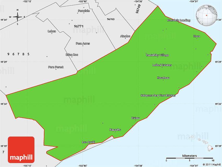 Political Simple Map of ZIP Code 96778, single color outside, borders