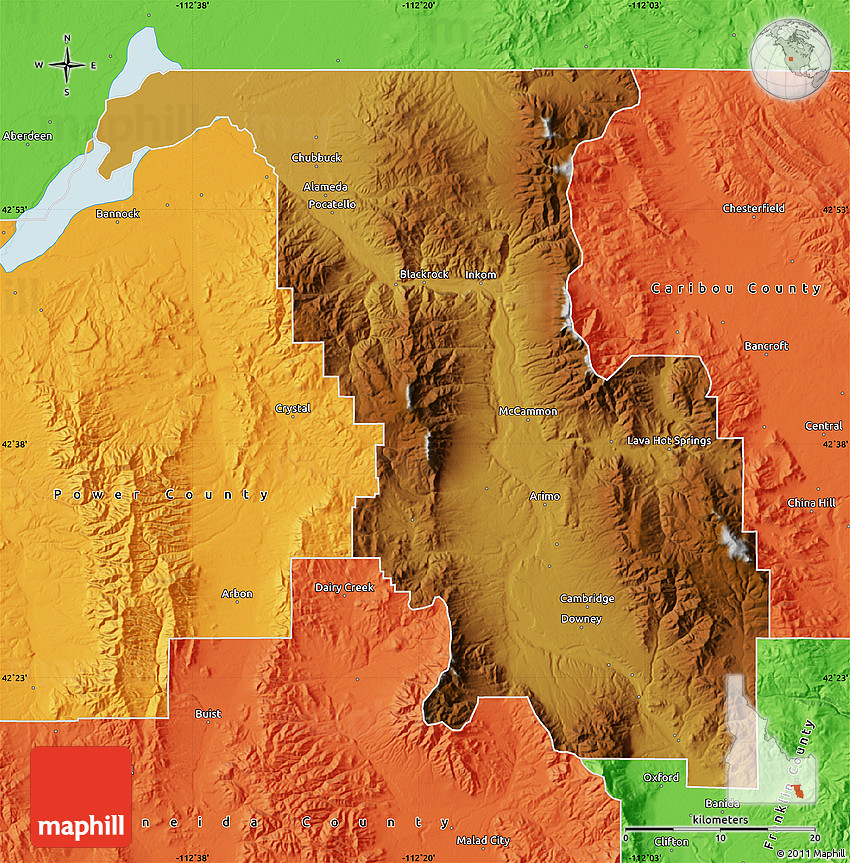 Physical Map of Bannock County, political outside