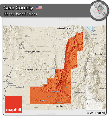 Political 3D Map of Gem County, shaded relief outside