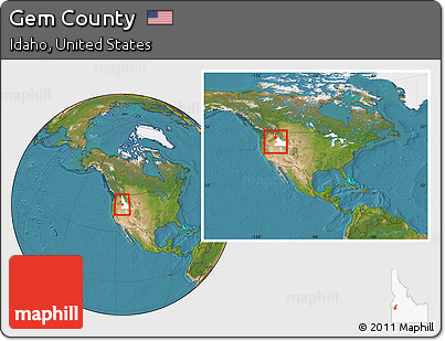 Satellite Location Map of Gem County, highlighted parent region, within the entire country