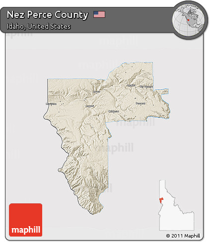 Shaded Relief 3D Map of Nez Perce County, single color outside