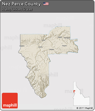 Shaded Relief 3D Map of Nez Perce County, single color outside