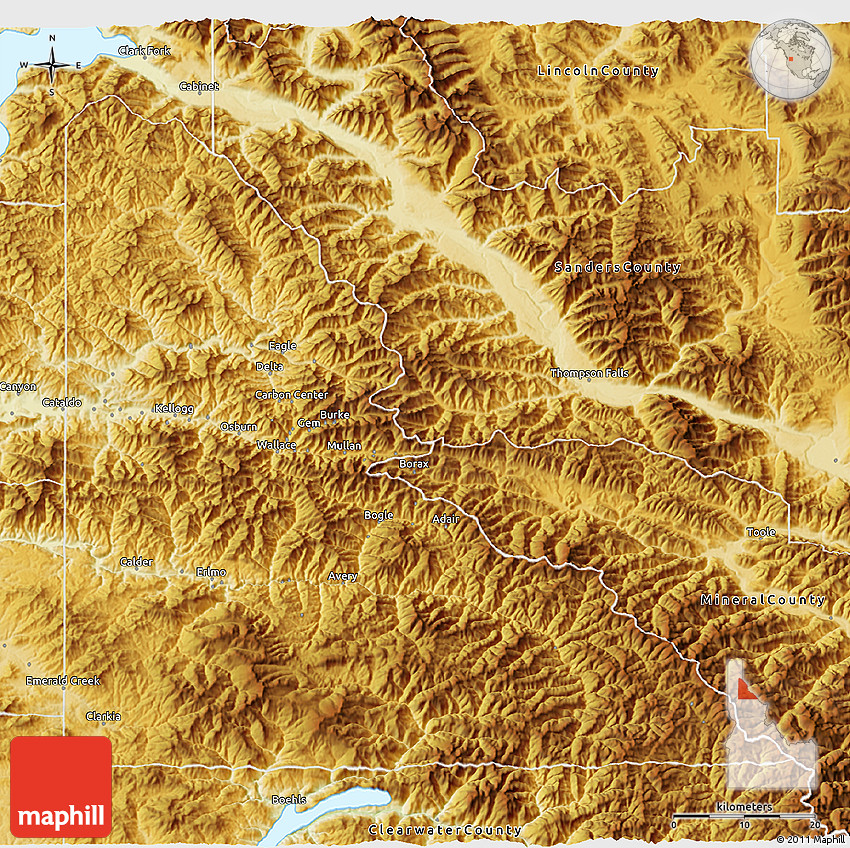 Physical 3D Map of Shoshone County