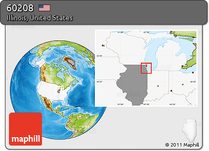 Physical Location Map of ZIP Code 60208, highlighted country, highlighted state