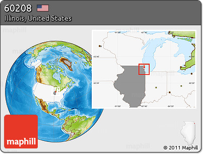 Physical Location Map of ZIP Code 60208, highlighted country, highlighted state