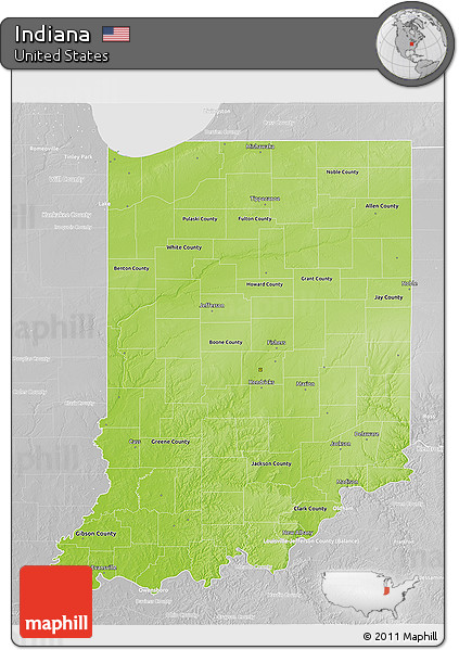 Physical 3D Map of Indiana, lighten, desaturated