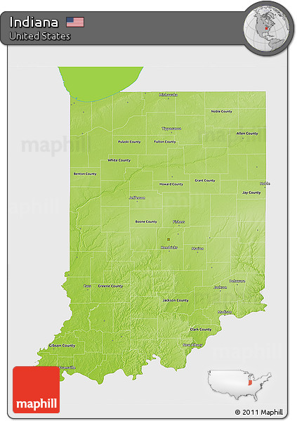 Physical 3D Map of Indiana, single color outside