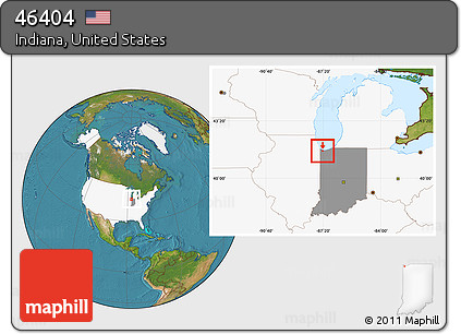 Satellite Location Map of ZIP Code 46404, highlighted country, highlighted state