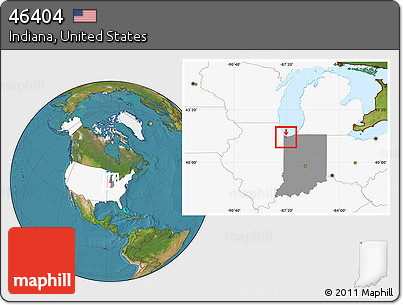 Satellite Location Map of ZIP Code 46404, highlighted country, highlighted state