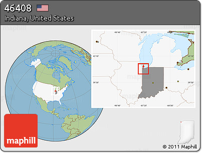 Savanna Style Location Map of ZIP Code 46408, highlighted country, highlighted state