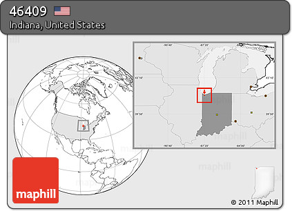 Blank Location Map of ZIP Code 46409, highlighted country, highlighted state