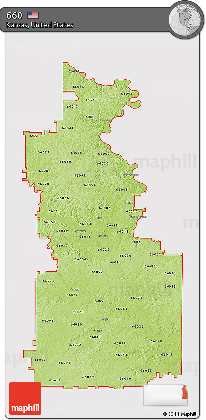 Physical 3D Map of ZIP Codes Starting with 660, cropped outside
