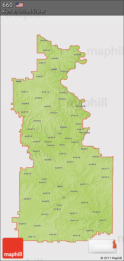 Physical 3D Map of ZIP Codes Starting with 660, cropped outside