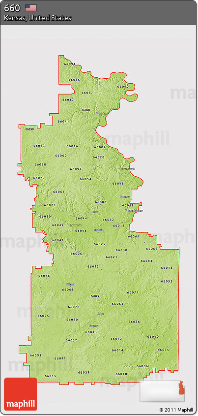Physical 3D Map of ZIP Codes Starting with 660, cropped outside