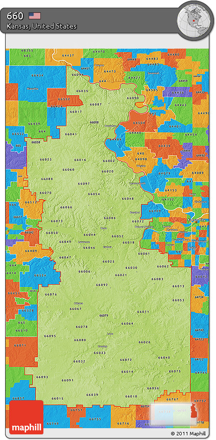Physical 3D Map of ZIP Codes Starting with 660, political outside