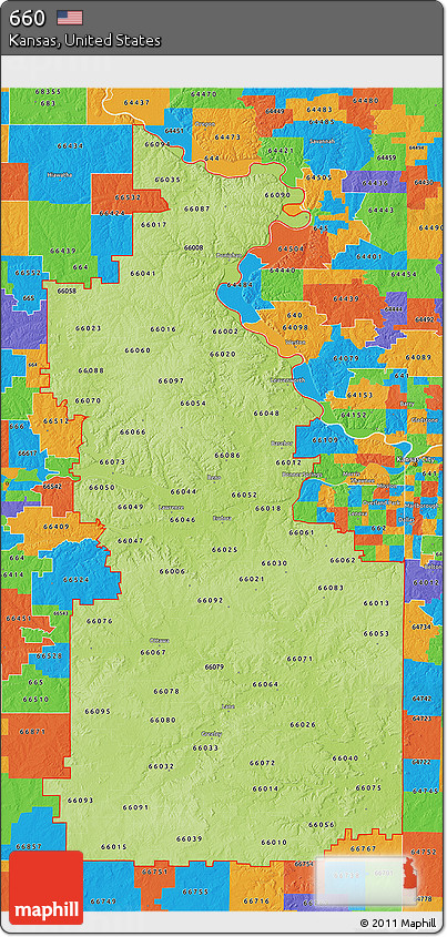 Physical 3D Map of ZIP Codes Starting with 660, political outside