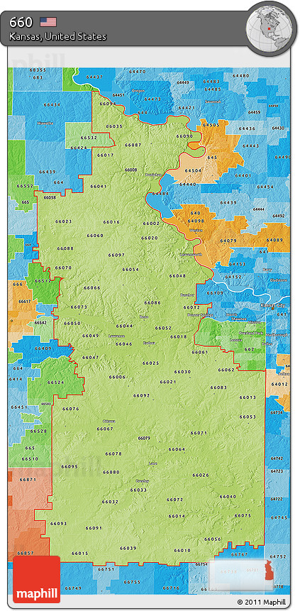 Physical 3D Map of ZIP Codes Starting with 660, political shades outside