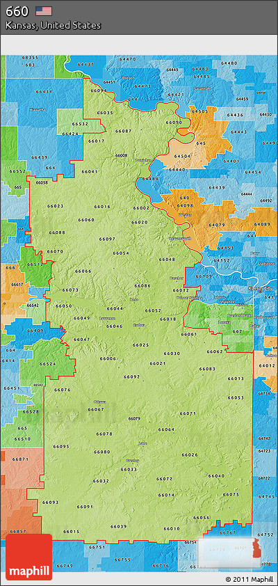 Physical 3D Map of ZIP Codes Starting with 660, political shades outside