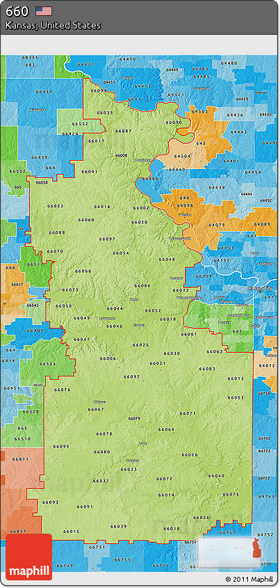 Physical 3D Map of ZIP Codes Starting with 660, political shades outside