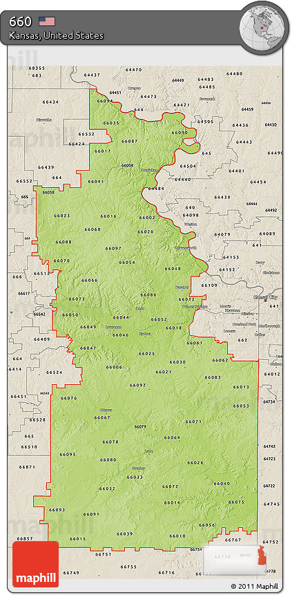 Physical 3D Map of ZIP Codes Starting with 660, shaded relief outside