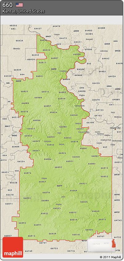 Physical 3D Map of ZIP Codes Starting with 660, shaded relief outside