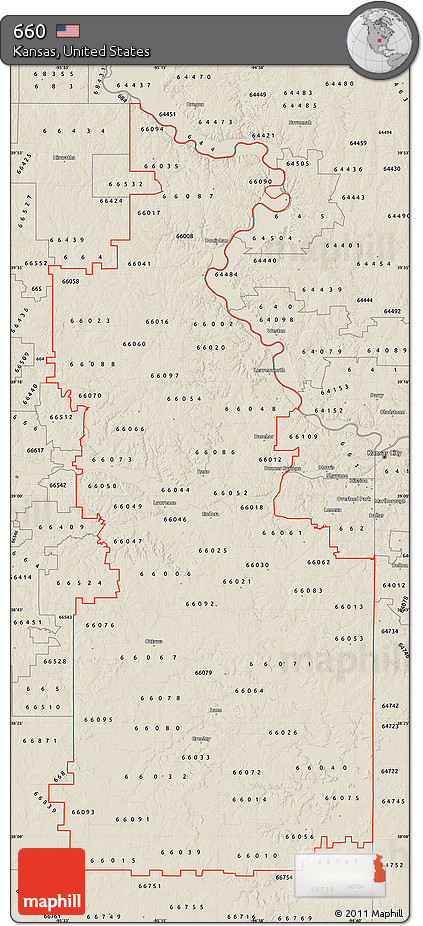 Shaded Relief Map of ZIP Codes Starting with 660