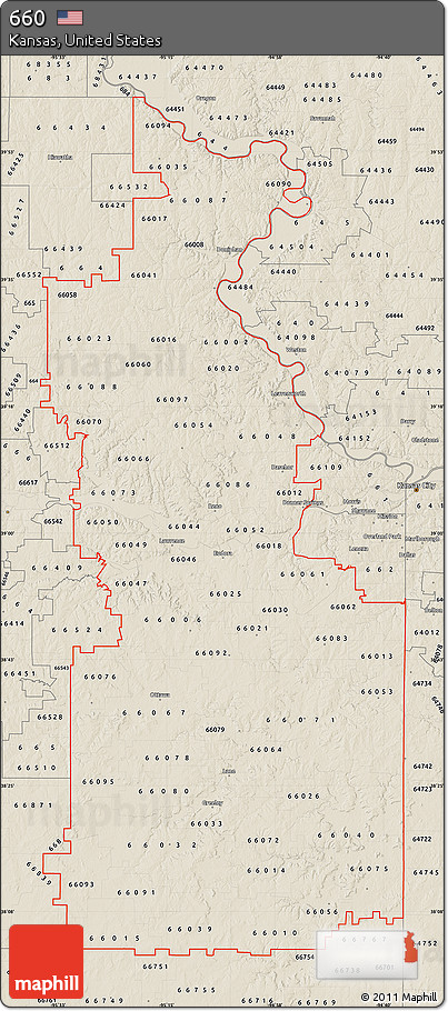 Shaded Relief Map of ZIP Codes Starting with 660