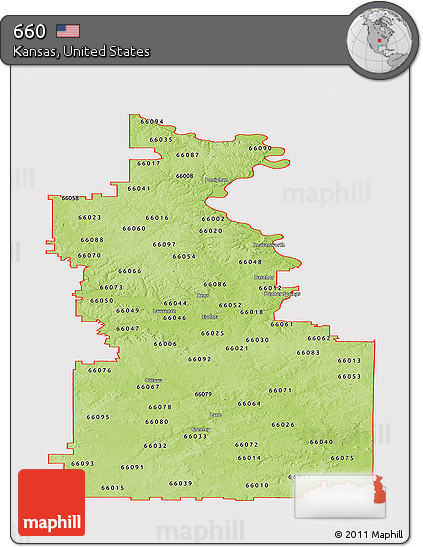 Physical Panoramic Map of ZIP Codes Starting with 660, cropped outside