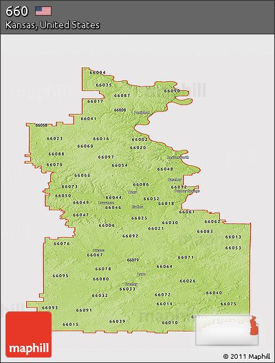 Physical Panoramic Map of ZIP Codes Starting with 660, cropped outside