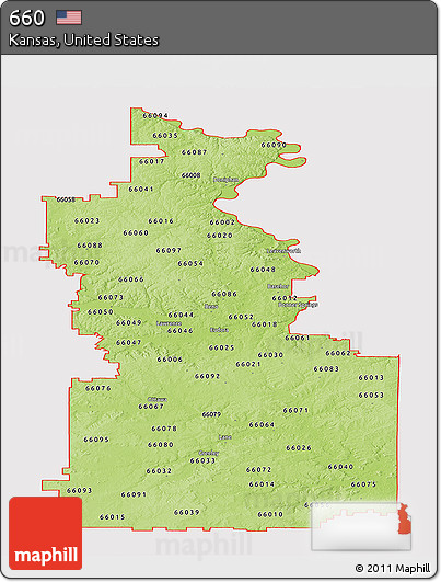 Physical Panoramic Map of ZIP Codes Starting with 660, cropped outside
