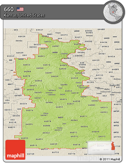 Physical Panoramic Map of ZIP Codes Starting with 660, shaded relief outside