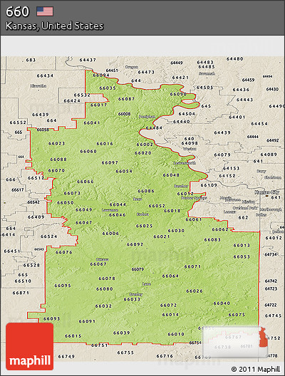 Physical Panoramic Map of ZIP Codes Starting with 660, shaded relief outside