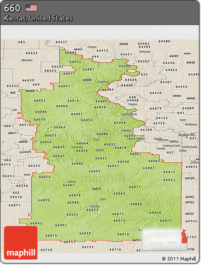 Physical Panoramic Map of ZIP Codes Starting with 660, shaded relief outside