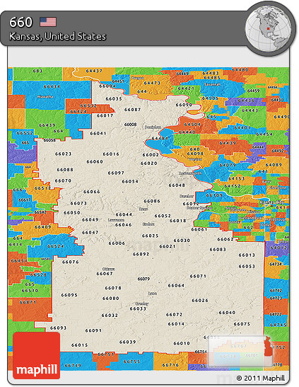 Shaded Relief Panoramic Map of ZIP Codes Starting with 660, political outside