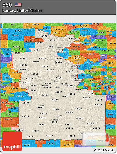 Shaded Relief Panoramic Map of ZIP Codes Starting with 660, political outside
