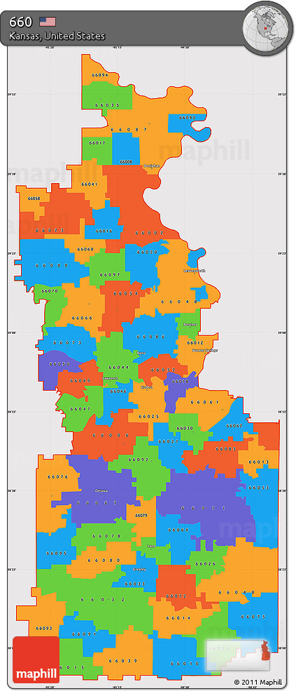 Political Simple Map of ZIP Codes Starting with 660, cropped outside