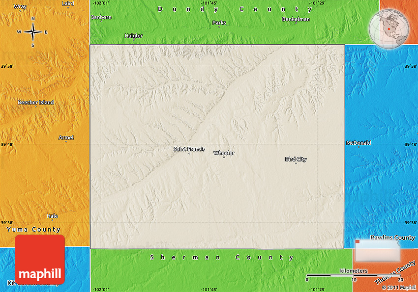 Shaded Relief Map of Cheyenne County, political outside