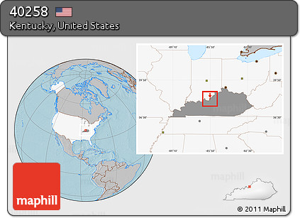 Gray Location Map of ZIP Code 40258, highlighted country, highlighted state, hill shading