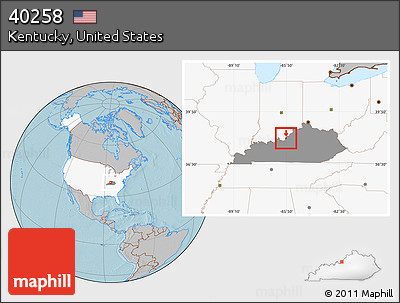 Gray Location Map of ZIP Code 40258, highlighted country, highlighted state, hill shading
