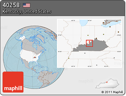 Gray Location Map of ZIP Code 40258, highlighted country, highlighted state, hill shading