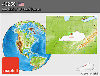 Physical Location Map of ZIP Code 40258, highlighted county, highlighted state