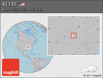 Gray Location Map of ZIP Code 42130, highlighted county, hill shading