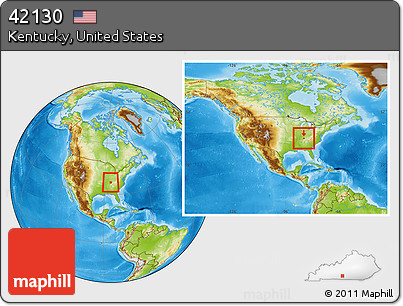 Physical Location Map of ZIP Code 42130, highlighted county, within the entire country