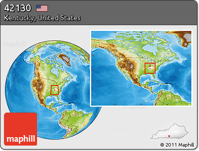 Physical Location Map of ZIP Code 42130, highlighted county, highlighted state, within the entire country