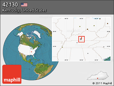 Satellite Location Map of ZIP Code 42130, highlighted country, highlighted county