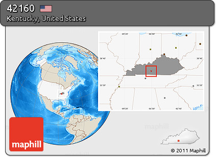 Shaded Relief Location Map of ZIP Code 42160, highlighted country, highlighted state