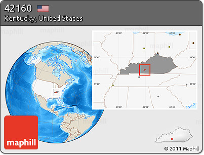 Shaded Relief Location Map of ZIP Code 42160, highlighted country, highlighted state