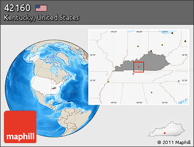 Shaded Relief Location Map of ZIP Code 42160, highlighted country, highlighted state